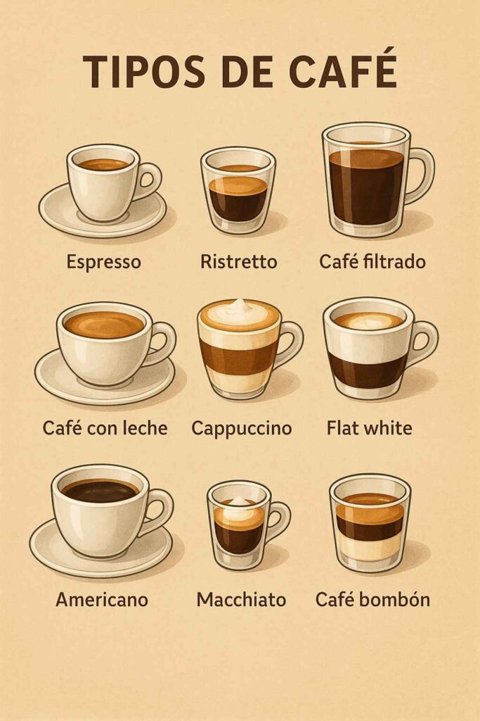 Ilustración de los distintos tipos de café que se pueden tomar en España